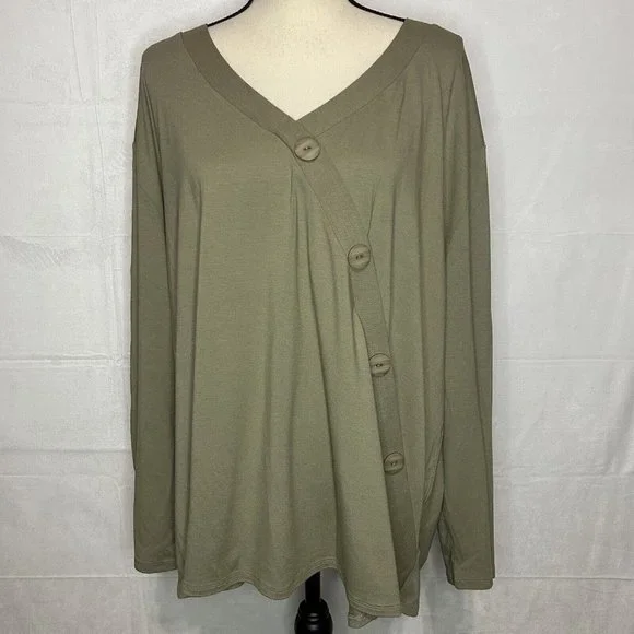 J Jill Stretch Womens Sz 3X Olive Green Faux Wrap Crossover Tunic Big Buttons - Picture 1 of 7